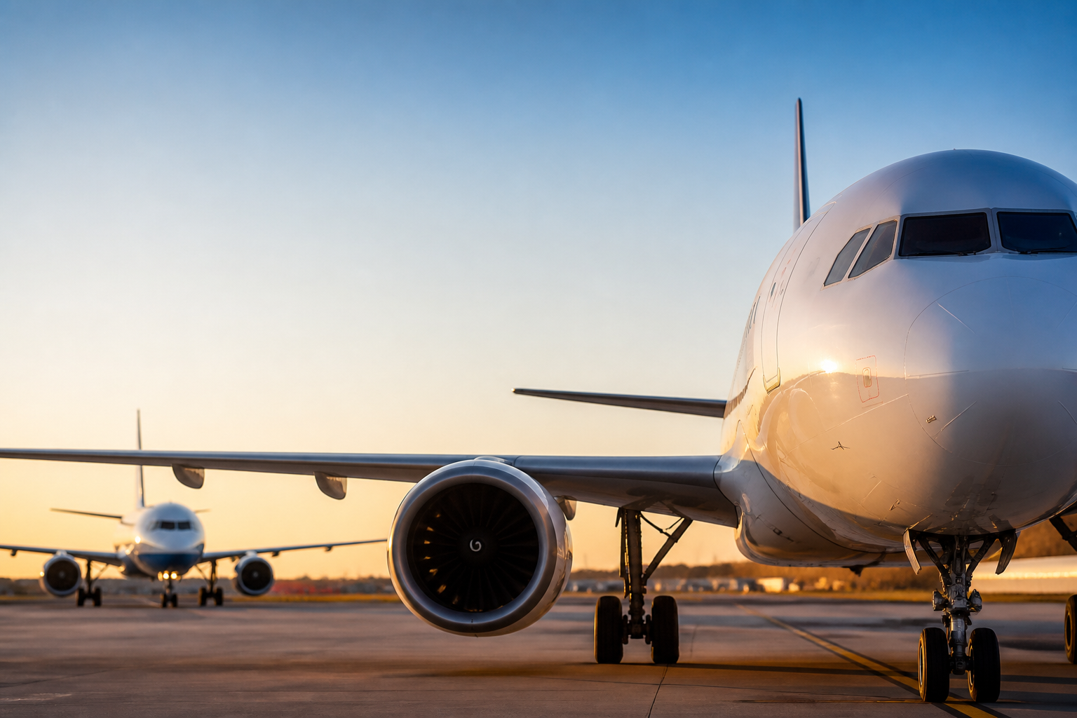 Commercial airplanes on an airport tarmac