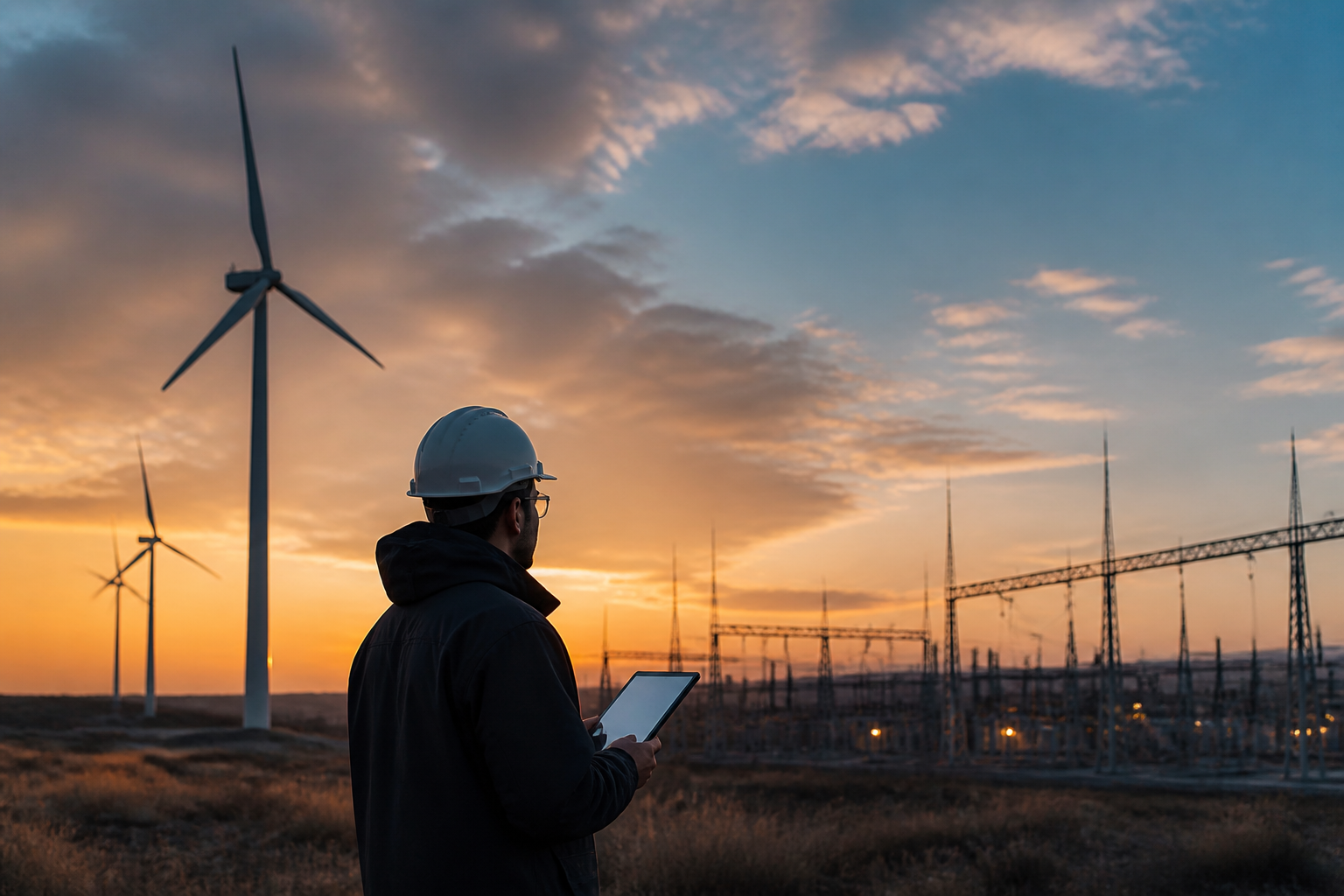 Industrial energy site with wind turbines at dusk